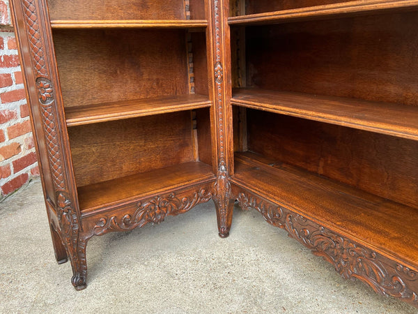 Antique French Corner Bookcase Carved Oak Louis XV Revival Open Shelves c1920