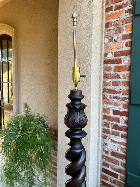 Antique English Carved Oak Floor Lamp OPEN Barley Twist w Round End Table c1920