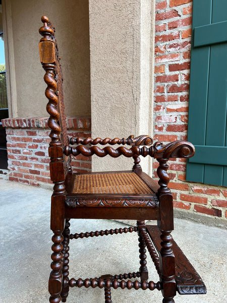 Antique French Child High Chair Renaissance Barley Twist Carved Oak Caned c1890