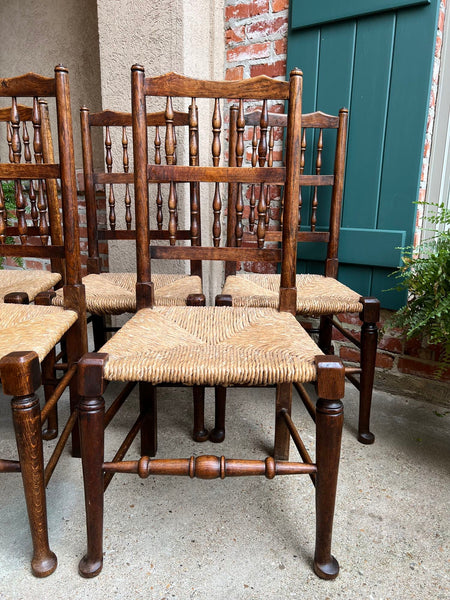 Set 5 Vintage English Oak Dining Side Chairs Rush Seat Lancashire Spindle Back