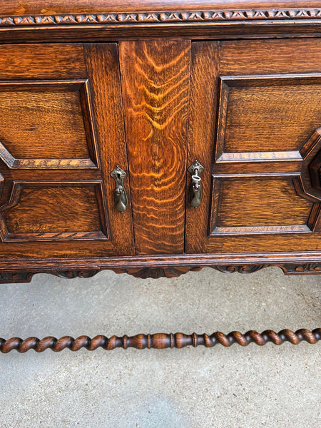 Antique English Sideboard Server Buffet BARLEY TWIST Carved Tiger Oak Jacobean