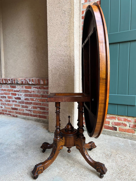 Antique English Center Breakfast Table Burl Walnut Tilt Top Inlaid Oval c1890
