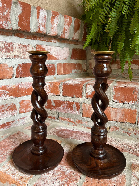 PAIR Set Antique English Oak OPEN Barley Twist Candlesticks Candle Holder Brass