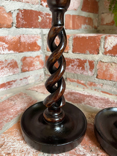 PAIR Set Antique English Oak OPEN Barley Twist Candlesticks Candle Holder Brass