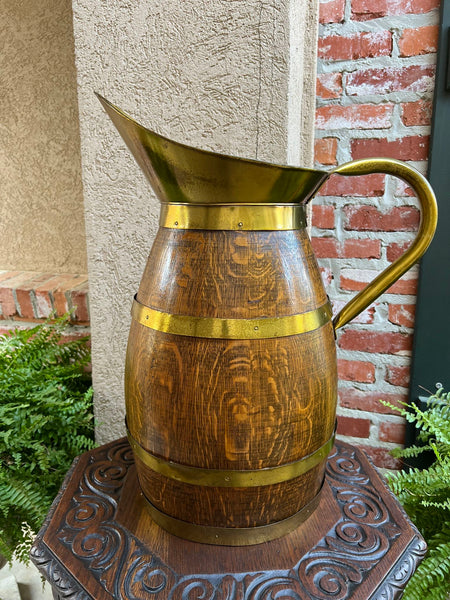 Antique Large French Country Oak Pitcher Brass Band Wine Barrel Umbrella Stand