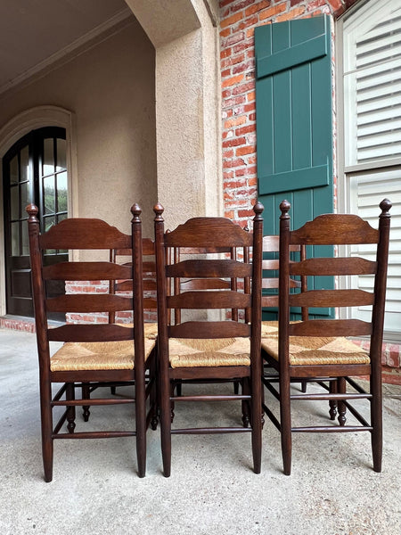 Vintage English Dining Chairs Set 6 Oak Ladder Back Rush Seat Woven
