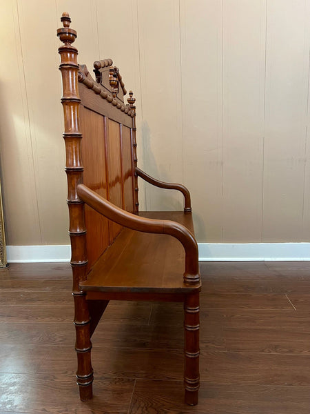 Antique English Faux Bamboo Pine Hall Bench Victorian High Back Settle c1890