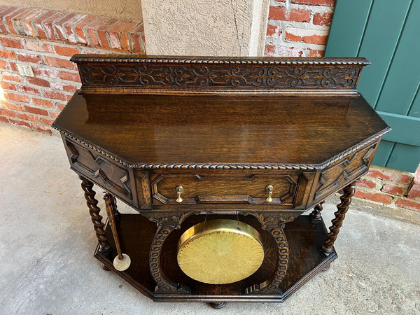 Antique English Console Hall Table Jacobean Carved Oak Barley Twist Gong c1880