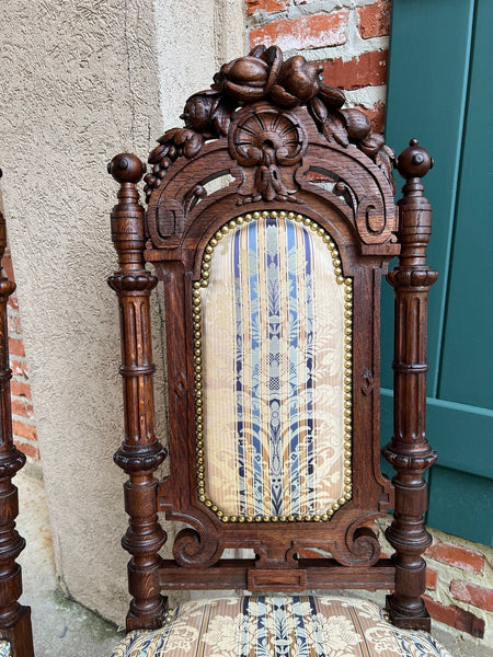 Pair Antique French Dining Chairs Renaissance Carved Oak Black Forest c1880