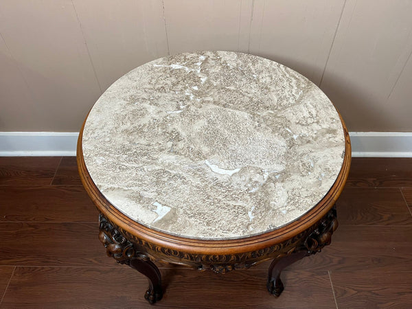 Antique French Renaissance Revival Center Table Round Marble Carved Walnut c1900