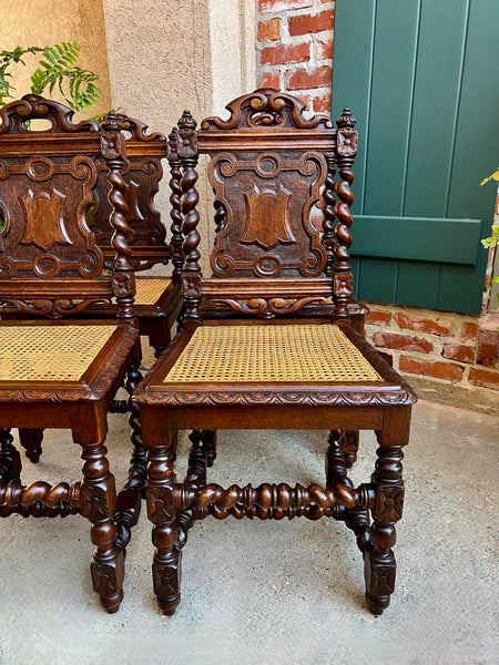 Set 4 Antique French Dining Chairs Barley Twist Cane Seat Carved Oak c1920