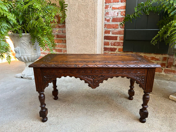 Antique French Bench Stool Gothic Renaissance Coffee Table Carved Oak c1890