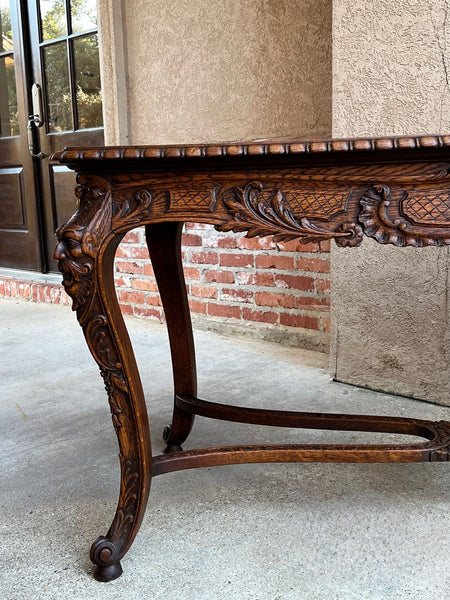 Antique French Center Library Table Louis XV Carved Oak Rococo Parquetry c1890