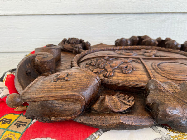 Antique French Gothic Wall Plaque Coat of Arms Carved Oak Renaissance c1890