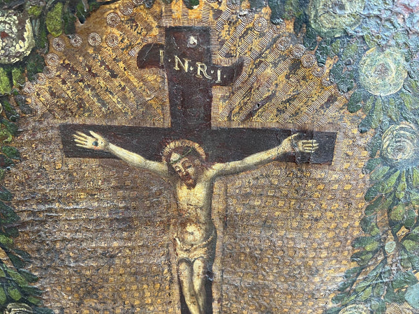 Antique French Gothic Devotional Cabinet Religious Painting Carved Oak Kneeler