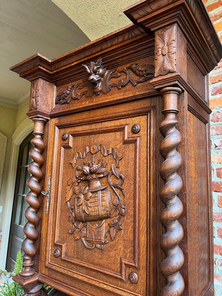 Antique French Hunt Cabinet Bookcase Barley Twist Black Forest Carved Baroque