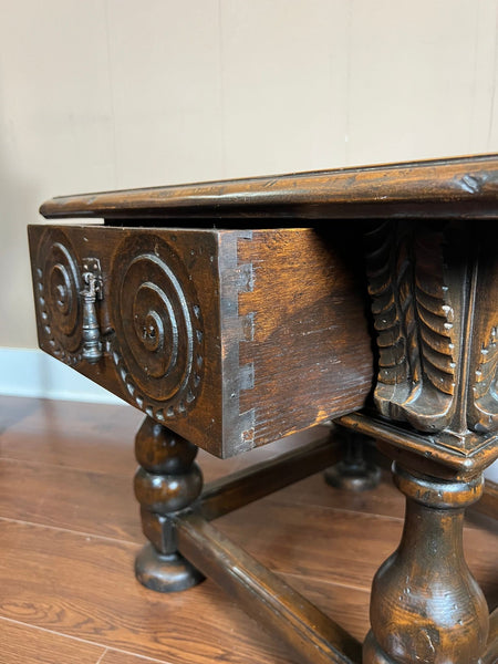 Antique English Side End Table Small Square Carved Oak Jacobean Revival c1910