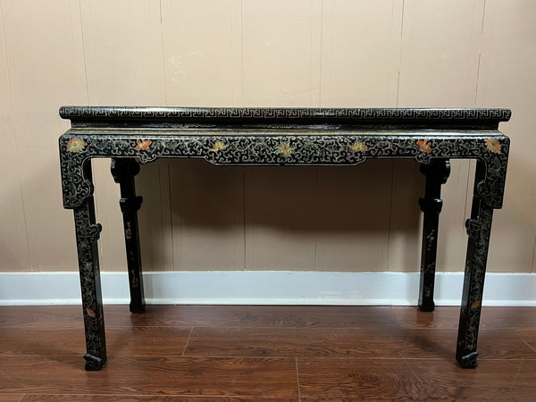 Vintage Chinese Console Table Black Lacquer Chinoiserie Gilt Hand Painted c1950