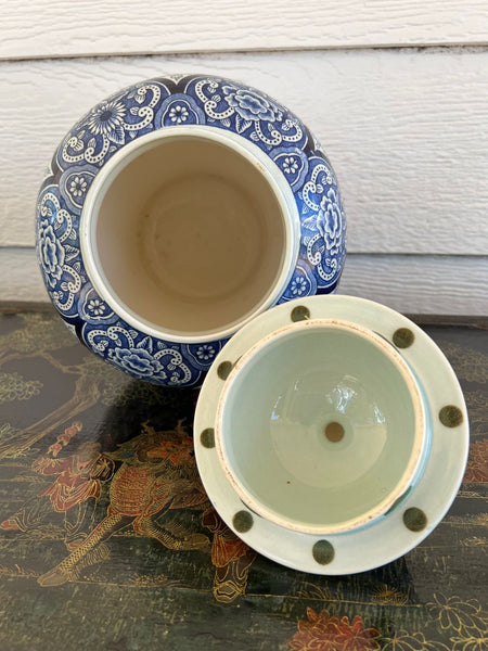 Vintage Large Delft Ginger Jar Vase Blue & White Floral Royal Sphinx Lidded Urn