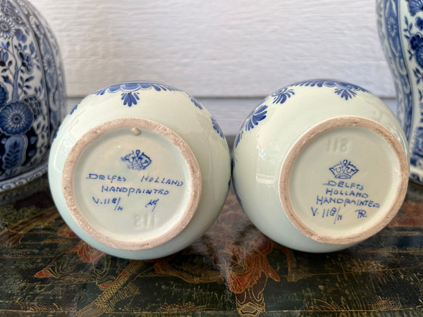 PAIR Petite Vintage Delft Vases Blue & White Windmilll Hand Painted Bud Vases