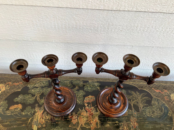 PAIR Antique English Oak Barley Twist Candlesticks Candelabras Candle Holders