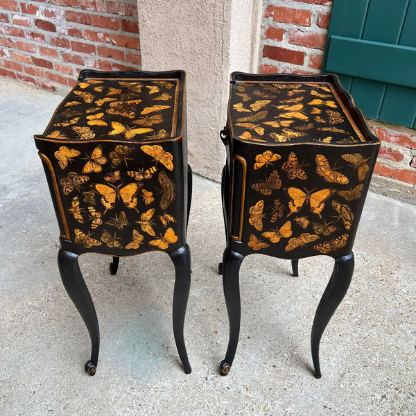 PAIR French Bedside Cabinets Chinoiserie Butterfly Gilt Lacquer Tables