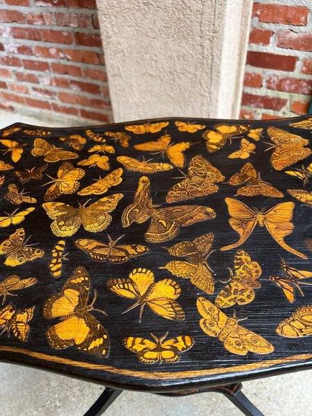 Vintage French Side Table Chinoiserie Butterfly Black Lacquer Hollywood Regency