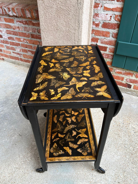 Vintage English Bar Cart Trolley Drop Leaf Chinoiserie Butterfly Lacquer Table