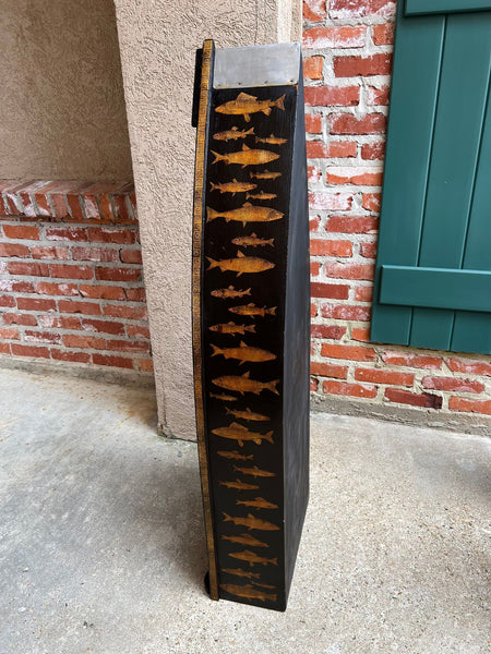 English Boat Form Etagere Black Lacquer Fish Decoupage Collection Bookshelf