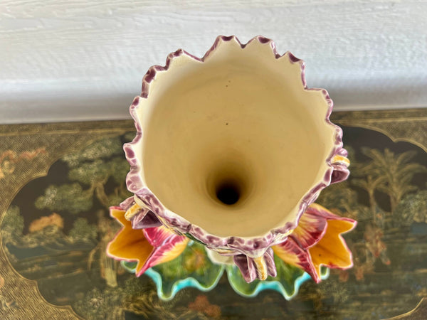 Antique French Majolica Vase Centerpiece Onnaing Art Nouveau Iris Tulip c1900
