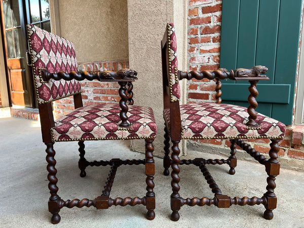 Pair SET Antique French Arm Chair Barley Twist Oak Renaissance Lion Fleur De Lis