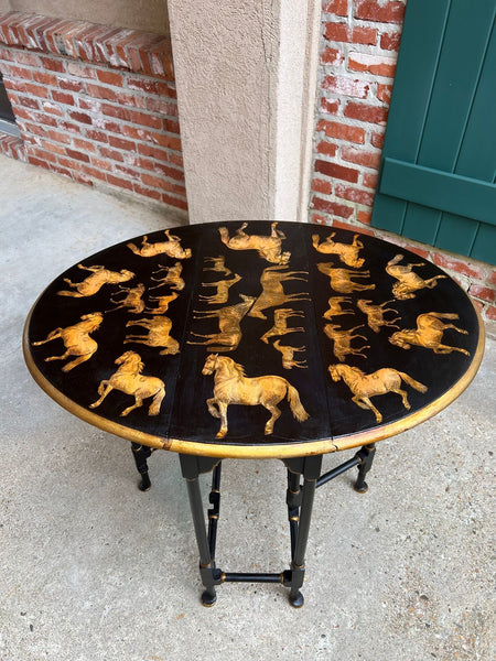 Antique English Drop Leaf Side Table Horse Equestrian Chinoiserie Petite Oak