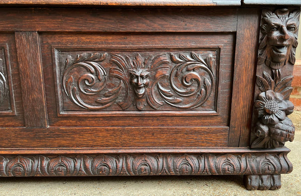 Antique French Hall Bench Breton Brittany Small Settee Carved Oak Lion Pew