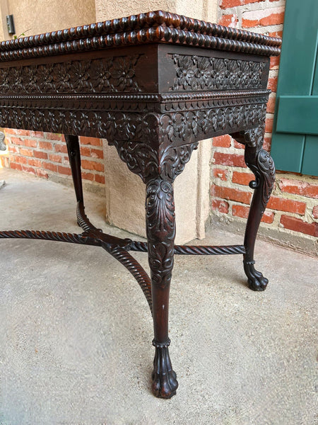 Antique Foyer Hall Table British Colonial Carved Wood Leather Flip Top Burmese