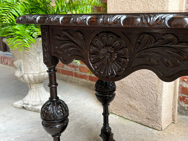 Antique English Side Sofa Table Ebonized Carved Oak Baroque Two Tier Tudor