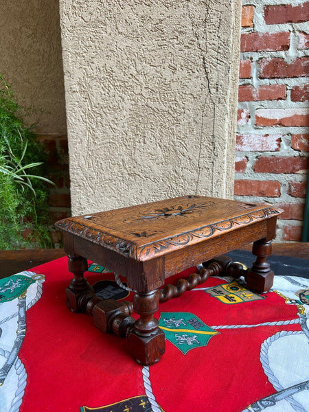 Antique English Kettle Stand Footstool Barley Twist Carved Oak Display Stool