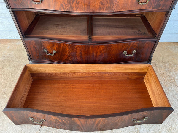 Antique Georgian Revival Chest of Drawers Flame Mahogany Serpentine Carved c1940