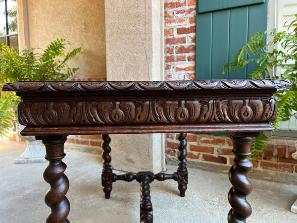 Antique French Sofa Table Writing Desk Barley Twist Carved Oak Renaissance