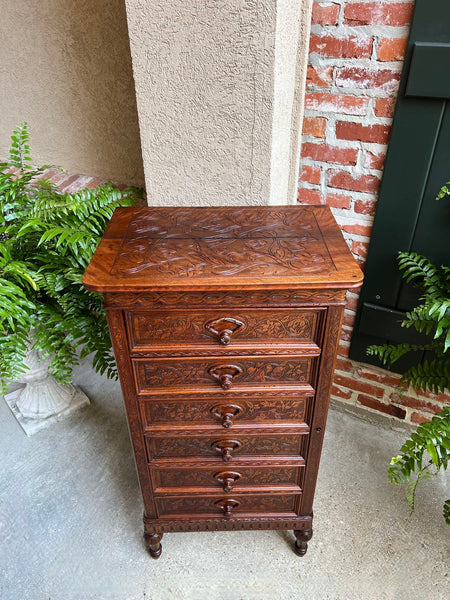 Antique English Victorian Wellington Chest of Drawers Campaign Carved Oak