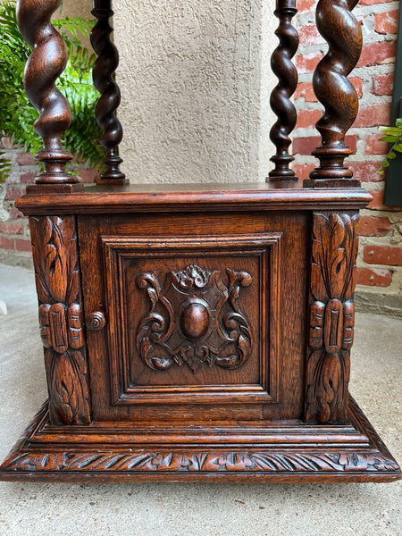 Antique French Side End Table Cabinet BARLEY TWIST Carved Oak Renaissance Marble