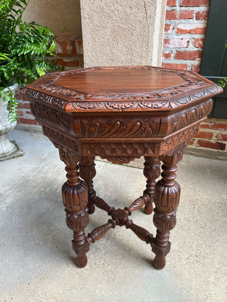 Petite Antique French Octagon Center Side TABLE Renaissance Carved Oak