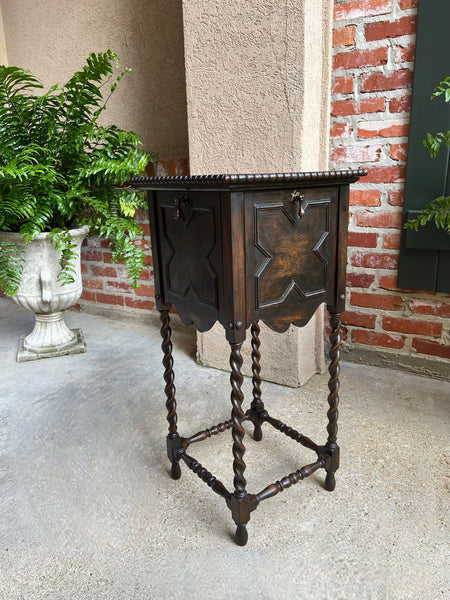 Antique English Square Table Plant Stand Jacobean BARLEY TWIST Cabinet Dark Oak