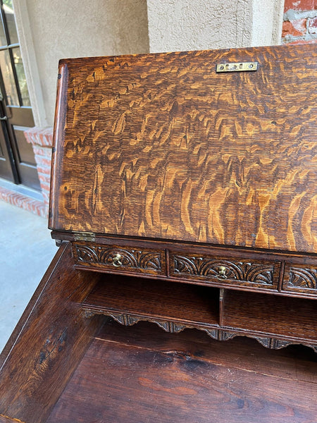 Antique English Slant Front Desk Display Stand Jacobean Carved Tiger Oak Lectern