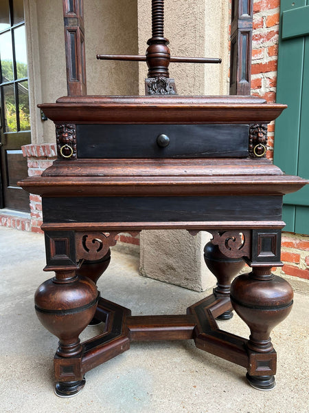 Antique English Book Press Table Renaissance Carved Oak Ebonized Cabinet c1880