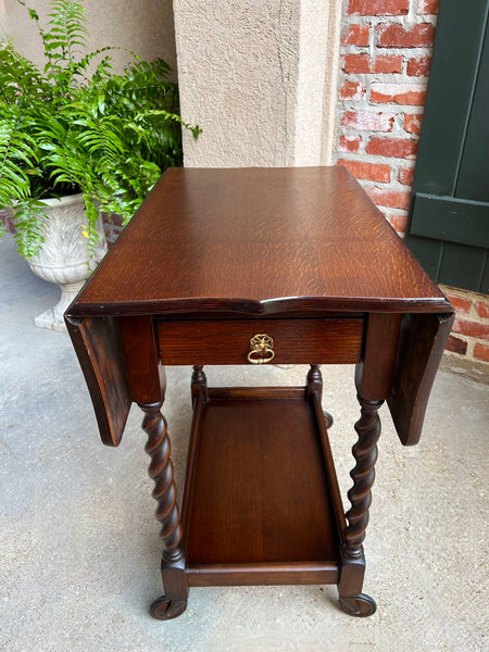 Antique English Tea Trolley Drinks Cart Barley Twist Dumbwaiter Drop Leaf Table