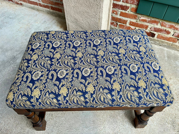 Antique English Oak Bench Upholstered Window Seat Jacobean Revival c1920