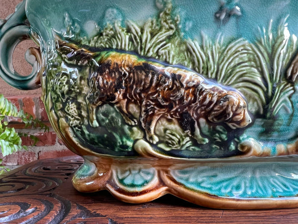 Antique French Majolica Barbotine Jardinière Hunt Dog Onnaing Cache Pot Planter