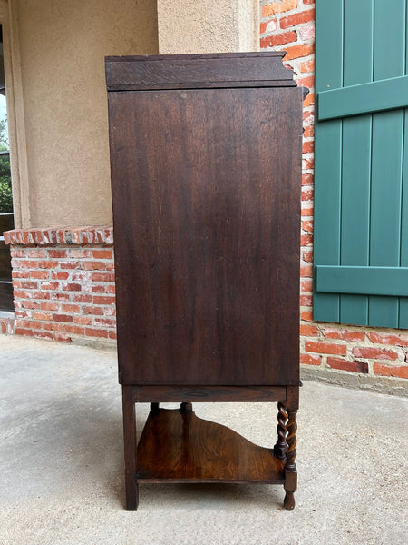 Antique English Tiger Oak Corner Cabinet Barley Twist Jacobean Arts & Crafts