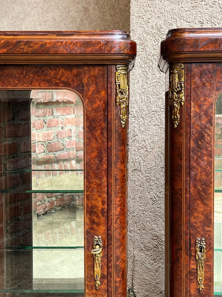 PAIR Antique French Glass Vitrine Display Cabinets Burl Mahogany Mirror c1900