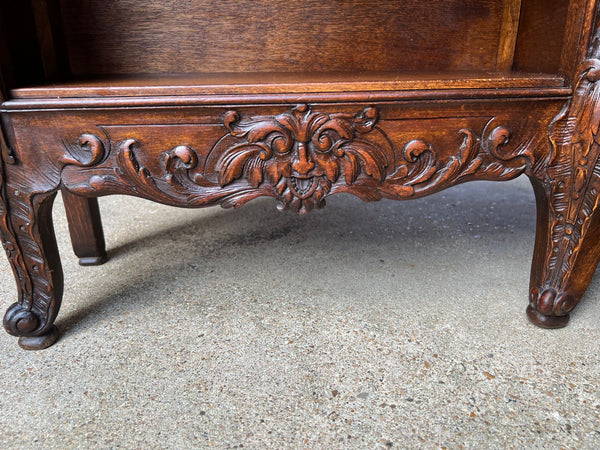 Antique French Corner Bookcase Carved Oak Louis XV Revival Open Shelves c1920
